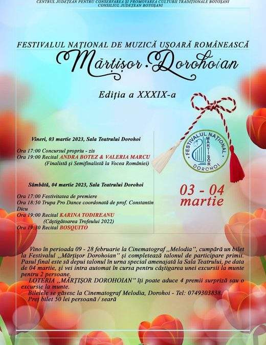 Regulament • Festivalul – Concurs Naţional de Muzică Uşoară Românească „Mărţişor Dorohoian”, Ediţia a XXXIX-a, 3-4 martie 2023